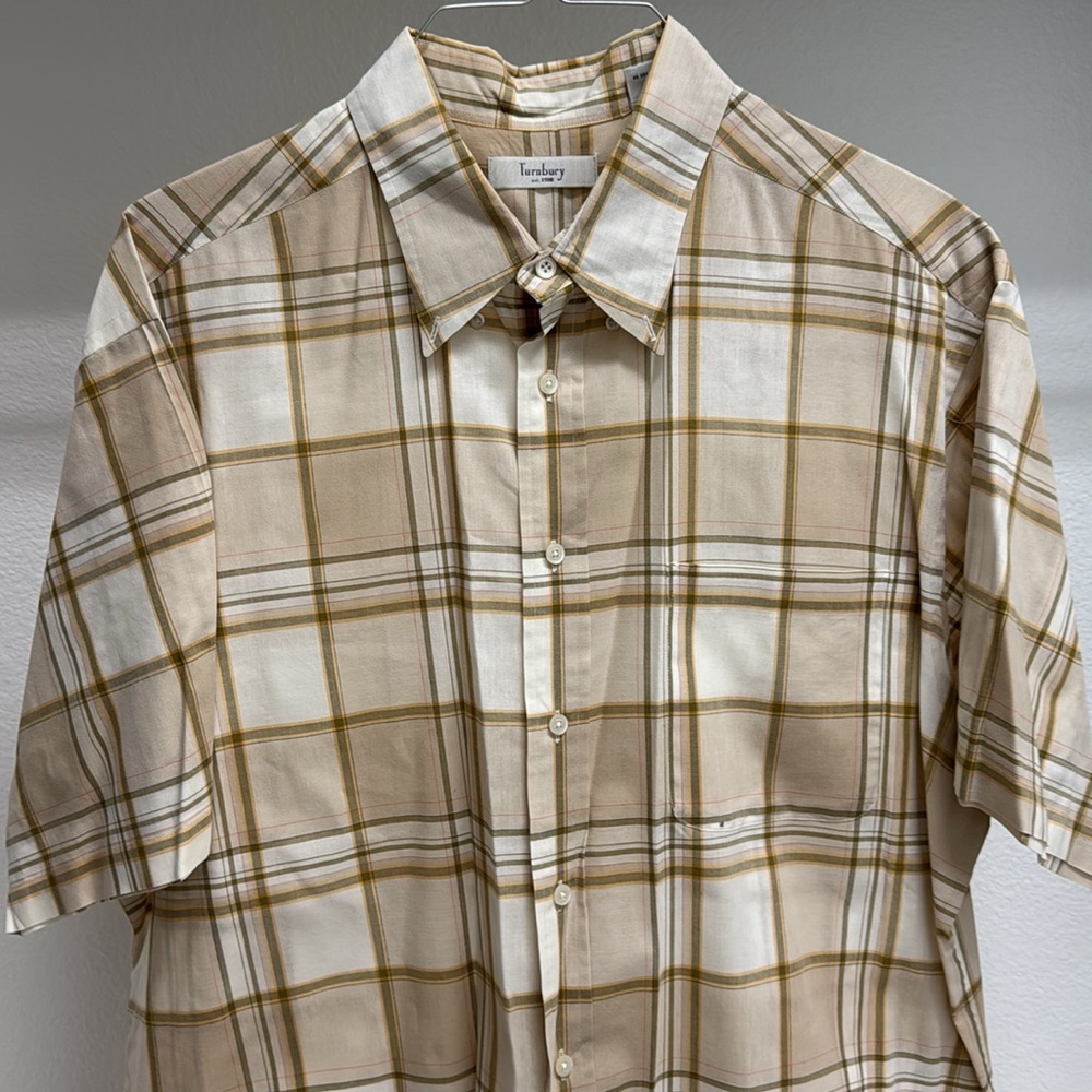 Turnbury Men’s XL‎ Short Sleeve Button Down Tan Plaid Dress Shirt 100% Cotton - Picture 2 of 14